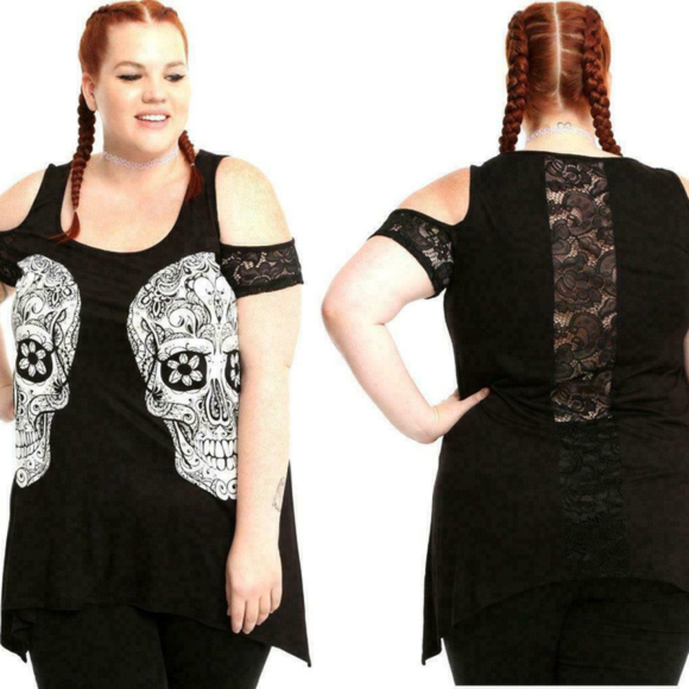 Plus 0X Sugar Skull Cold Shoulder Lace Tee Shirt